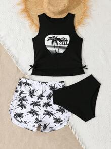 SHEIN Teen Girl Palm Tree Print Scoop Neck Tankini Swimwear, Casual