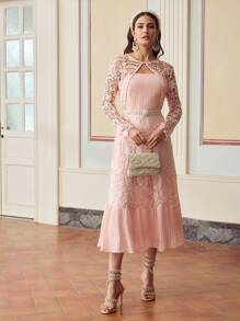 ZEYLAH Women's Long Sleeve Lace Patchwork Pleated Midi Dress, Minimalist And Fashionable, Suitable For Summer - Pink - View 5