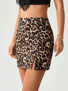 SHEIN LUNE 女式复古豹纹开衩下摆修身紧身半身裙，办公室和休闲装，秋冬季 - 彩色 - 查看 5