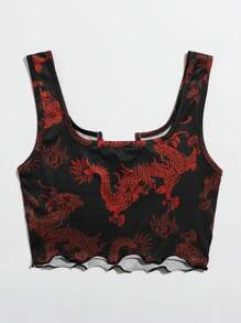 SHEIN EZwear Dragon Print Lettuce Trim Crop Tank Top