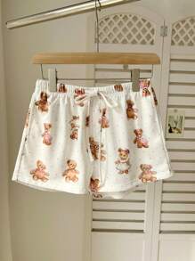 Lunelith SHEIN Lunessa Women's Cute Bear Floral Print Shorts, For Spring/Summer Home Wear