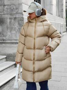 EURMUSE Zip Up Long Padded Coat With Hoodie Keeping Warm - Apricot - View 6