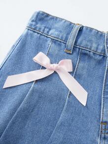 Tween Girls A-Line Ruffled Denim Shorts With Bow Decor, Elasticated Waist, Y2K Style, Casual Outdoor - Light Wash - View 3