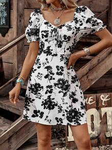 LanaWest Vestido mini de manga abullonada con estampado floral y nudo delantero, estilo vacacional para mujer - Blanco y Negro - Ver 6