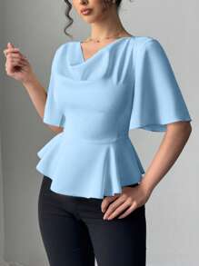 Rafferiza 女式缎面荷叶边领口收腰高端衬衫，春夏