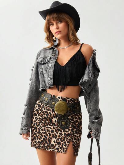 SHEIN LUNE 女式复古豹纹开衩下摆修身紧身半身裙，办公室和休闲装，秋冬季