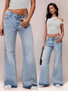 SHEIN Forever 21 Spring&Summer Women Romantic/Formal/Birthday/90s /Business Casual/Elegant/Western Wear/Going Out/Fashion/Casual/Y2k Clothes/Club/Office /Cocktail/Vintage/Bodycon/Rave Outfits/Funny/Classy/Old Money/Streetwear/Vacation/Country Concert/Work/Modest/Spring Break/Bachelorette Outfits/Concert/Baddie/Basic/Graduation/Blue Washed/Low Rise/Baggy/Straight Leg/Wide Leg/Cowgirl Outfits/Elastic Waist Drawstring/Jeans - Blue - View 1