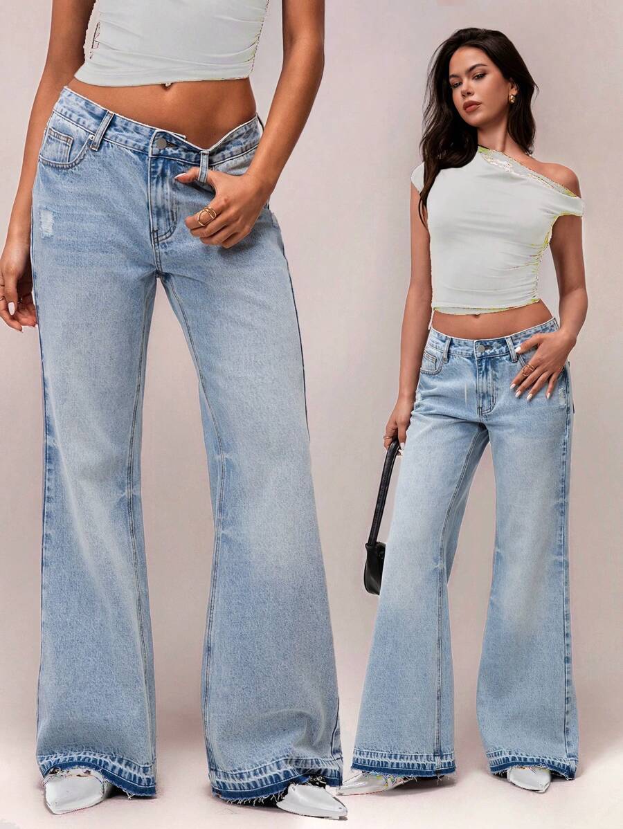 SHEIN Forever 21 Spring&Summer Women Romantic/Formal/Birthday/90s /Business Casual/Elegant/Western Wear/Going Out/Fashion/Casual/Y2k Clothes/Club/Office /Cocktail/Vintage/Bodycon/Rave Outfits/Funny/Classy/Old Money/Streetwear/Vacation/Country Concert/Work/Modest/Spring Break/Bachelorette Outfits/Concert/Baddie/Basic/Graduation/Blue Washed/Low Rise/Baggy/Straight Leg/Wide Leg/Cowgirl Outfits/Elastic Waist Drawstring/Jeans - Blue - View 1