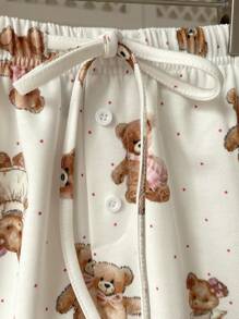 Lunelith SHEIN Lunessa Women's Cute Bear Floral Print Shorts, For Spring/Summer Home Wear