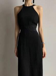 DAZY 女式不对称下摆收腰中长连衣裙优雅太阳裙 - 黑色 - 查看 5