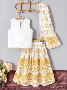 3 件套年轻女孩优雅缎面无袖上衣、几何印花金属裙和披肩夏季派对/婚礼/度假装 - 白色 - 查看 2