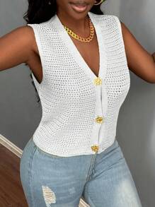 BamGleam 新款绿色金属大纽扣 V 领毛衣背心、镂空开衫、休闲性感、简约设计针织背心，适合秋季、冬季和春季 - 白色 - 查看 6