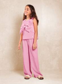 SUMWON 褶饰蝴蝶结上衣和阔腿裤套装夏季派对装两件套套装优雅松紧腰海滩度假装 - 粉色 - 查看 1