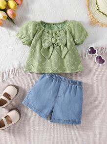 Baby Girl Summer Collection Green Sweet Casual Embroidered Butterfly Pattern Puff Sleeve Top Paired With Denim Shorts Set. - Multicolor - View 4