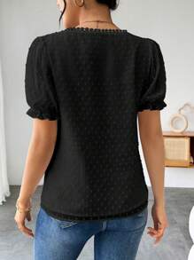 Elenzga Women's Solid Color Swiss Dot Flounced V-Neck Puff Sleeve Blouse