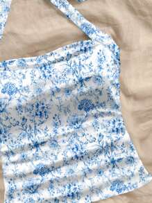 Soleia 2 pezzi Top di canottiera con stampa floreale ditsy blu su scollo a oliva e schiena scoperta, con pieghe, adatto per donna, ideale per vacanze al mare