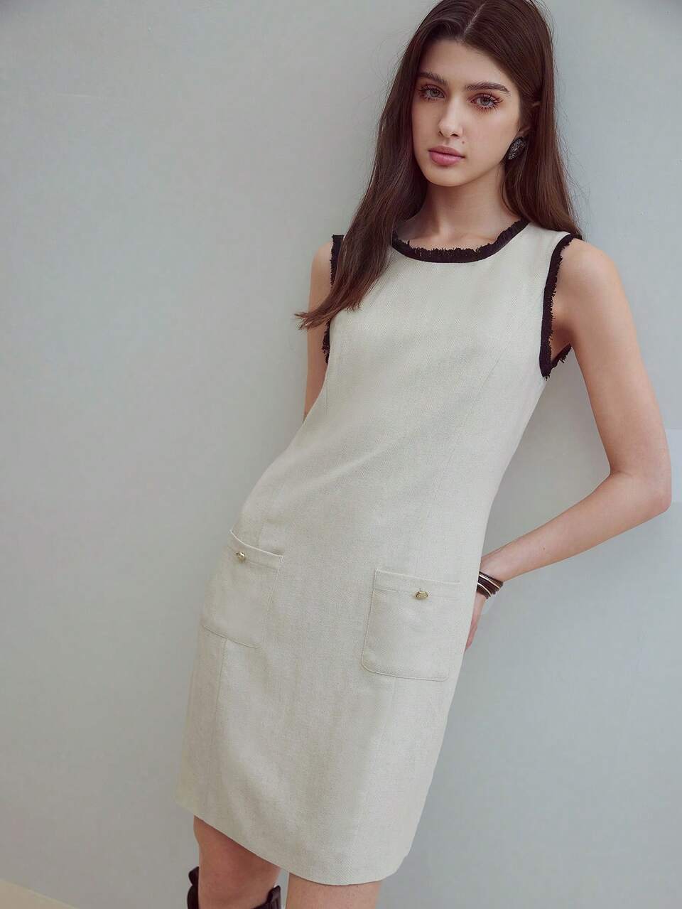 MOTF STUDIO LINEN CONTRAST BINDING POCKET DRESS