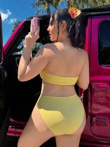 SHEIN Swim Curve 3D Bloemen Getextureerde Stof Plus Size Badmode Set