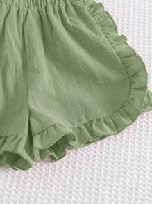 Cozy Pixies 2 件装女婴花卉印花圆领短款泡泡袖荷叶边下摆套头衫和腰部弹力短裤套装