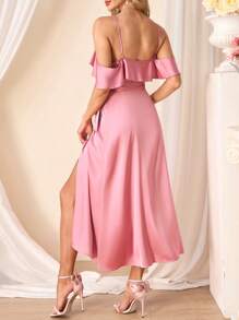 SHEIN Clasi 浪漫优雅荷叶边袖露肩中长连衣裙 - 粉色 - 查看 3