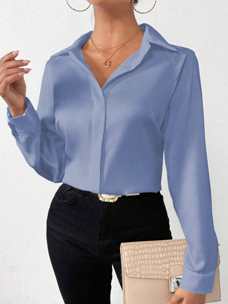 Chiquease Camisa casual/de oficina para mujer de un solo botonadura de manga larga y unicolor