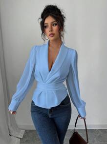 Elenzga 25pcs New Elegant Solid Color Collared Cinched Waist Cross Strap Puff Sleeve Mesh Panel Long Sleeve Blouse