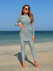SHEIN Bộ 3 món/Bộ áo ngực nhún bèo màu trơn, áo tay dài và quần dài, váy ngắn xếp nếp Burkini Bộ đồ bơi cho nữ, thích hợp cho kỳ nghỉ ở bãi biển - Xám - Xem 4