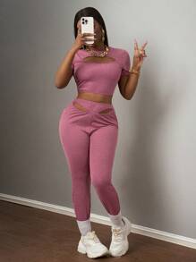 Slaydiva Bộ đồ 2 món họa tiết khoét rỗng thường ngày mùa hè mới dành cho nữ - Đỏ - Xem 5