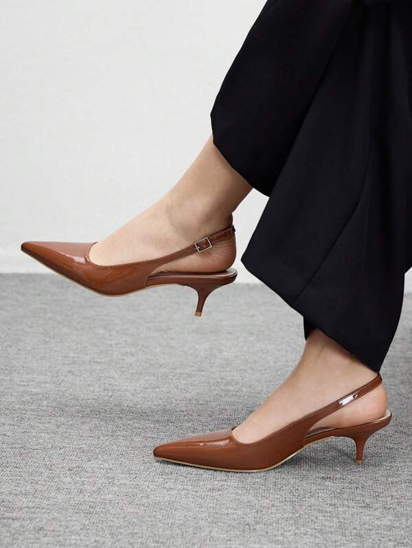 CUCCOO BIZCHIC Brown Oil-Coated PU Pointed Toe Women's Kitten Heel Mule Shoes