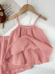 SHEIN LMoss Kids 2 件套年轻女孩夏季休闲宽松细肩带吊带背心和荷叶边下摆短裤套装 - 粉色 - 查看 7