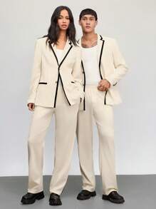 Manfinity VCAY 2 件套男女款休闲针织拼布无领夹克和松紧腰直筒裤套装，适合日常穿着