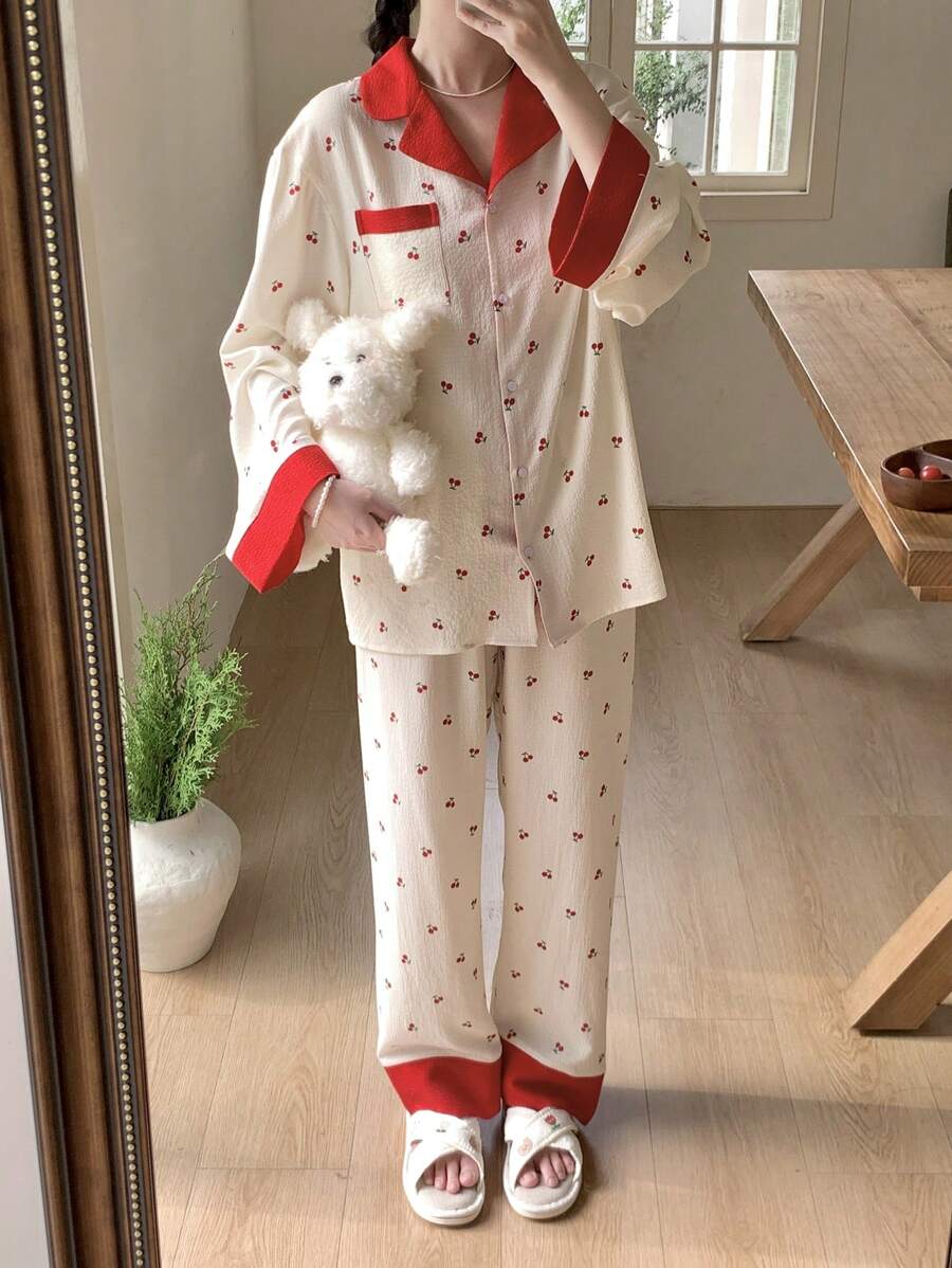 SHEIN 青少年女孩甜美简约樱桃图案翻领口袋前开口长袖上衣和阔腿裤休闲家居服 2 件套