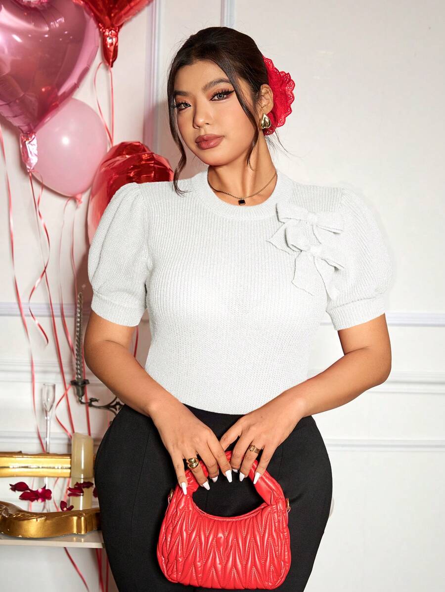 SHEIN Frenchy Plus Size Women's Clothing, Red Bow Decoration, Puff Sleeves, Sweater, Suitable For Valentine's Day, Spring Festival, New Year's Eve, 3D Bow, Elegant, Romantic Sweater - White - View 1