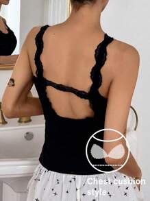 DAZY Women's Lace Patchwork Backless Built-In Padded Fitted Camisole Top - Black - View 3