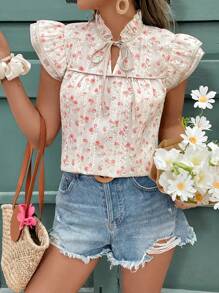 SHEIN Frenchy Women's Vacation Ditsy Floral Ruffle Sleeve Tie-Neck Blouse Summer Flower - Apricot - View 4
