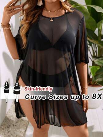 SHEIN CURVE+ 大码透明罩衫连衣裙，适合海滩度假