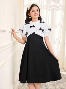 Tween-Mädchen 2-teiliges lässiges Set aus kurzem Hemd und Kleid mit Kragen, Rüschen und Schmetterlingsdekor, bequem und minimalistisch