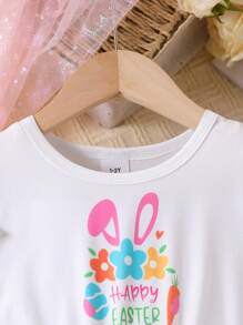 Easter Baby Girls Cute Rabbit Floral Easter Egg Print Ruffle Hem Short Sleeve Mesh Patchwork Dress, Suitable For Summer - White - View 4