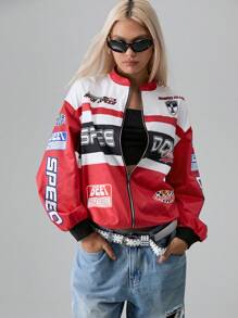 SHEIN Unity Letter Pattern Colorblock Drop Shoulder Bomber Jacket - Red - View 1