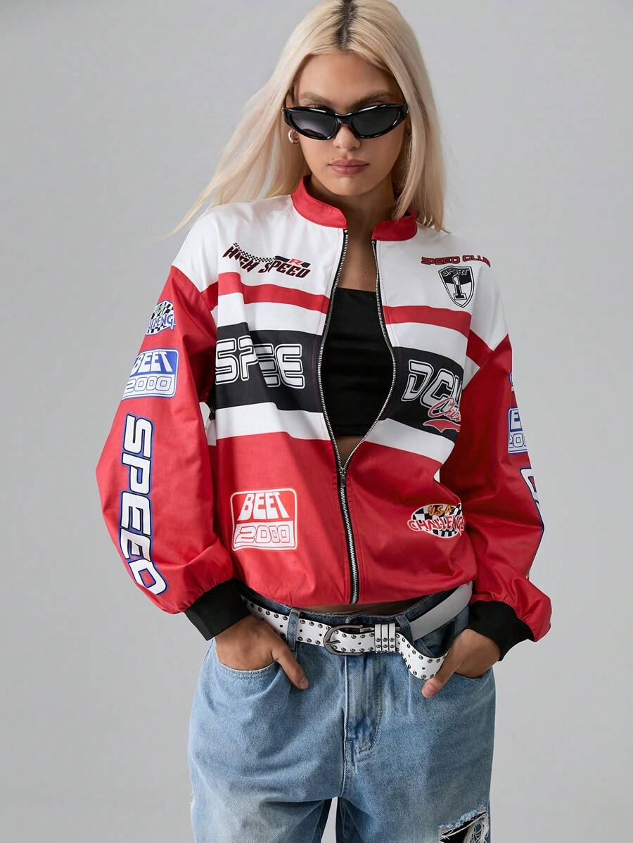 SHEIN Unity Letter Pattern Colorblock Drop Shoulder Bomber Jacket - Red - View 1