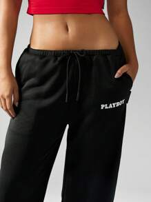 Missguided x Playboy MISSGUIDED Logo Athletik Jogginghose Streetwear Loungewear Trainingshose mit Taschen, elastischer Bündchen, Winter und Herbst Freizeitkleidung, bequem