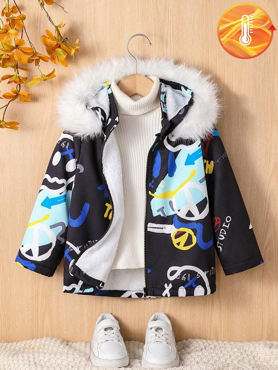 SHEIN Áo khoác trùm đầu rộng rãi cho bé trai có in họa tiết kỹ thuật số Graffiti, phong cách đường phố cho du lịch và mặc hàng ngày, mùa đông - màu đen - Xem 1