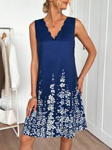 EMERY ROSE Women's Shell Trim Burn-Out V-Neck Flounce Hem Print Mini Dress, Suitable For Spring/Summer Holiday - Blue - View 4