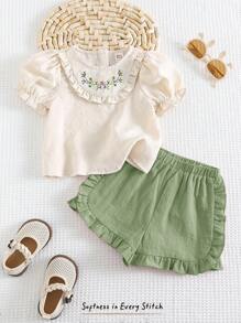 Cozy Pixies 2 件装女婴花卉印花圆领短款泡泡袖荷叶边下摆套头衫和腰部弹力短裤套装