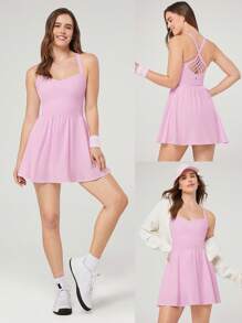 GLOWMODE Sweat-Wicking Quick-Dry Peekaboo Built-In Cups A-Line Crossover Back Mini Dress With Built-In Shorts Side Pockets Non-Slip Grips Tennis Golf Gym Daily Casual - Bubblegum Pink - View 10
