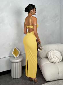 SHEIN BAE Đầm suông lưới màu trơn cúp dài tương phản cho mùa tốt nghiệp - Màu vàng - Xem 2