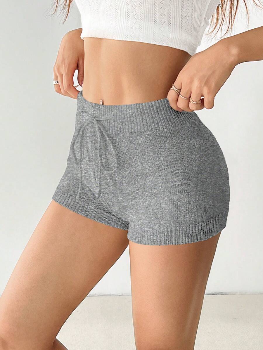 SHEIN PETITE 纯色高腰抽绳休闲毛衣短裤套装 - 灰色 - 查看 1