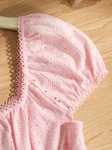 SHEIN Tween Girl 纹理针织荷叶边下摆休闲衬衫，度假/乡村/淑女风格，甜美上衣 - 西瓜粉 - 查看 6