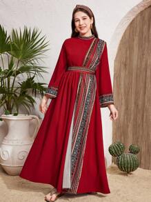 SHEIN Teen Girl's Red Stand Collar Loose Elegant Long Dress, Flared Sleeves, Woven Fabric Contrast Geometric Print, Cinched Waist Waist, Suitable For Eid, National Day, Eid Al-Fitr, Eid Al-Adha Dress