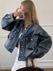Livesso 女士 3D 口袋装饰牛仔夹克 - 中等水洗藍 - 查看 4